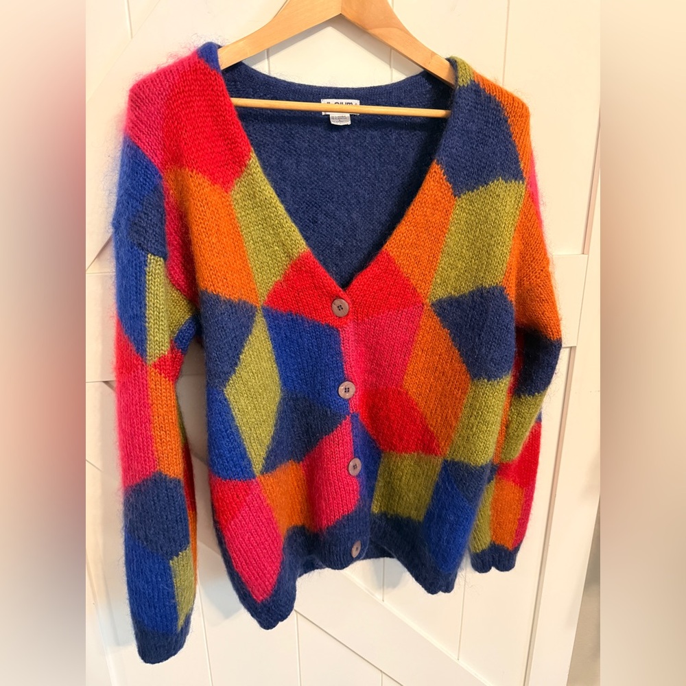 Vintage 1990s JL Plum mohair cardigan RN 40687 Argyle Harlequin Color Block - Picture 2 of 9